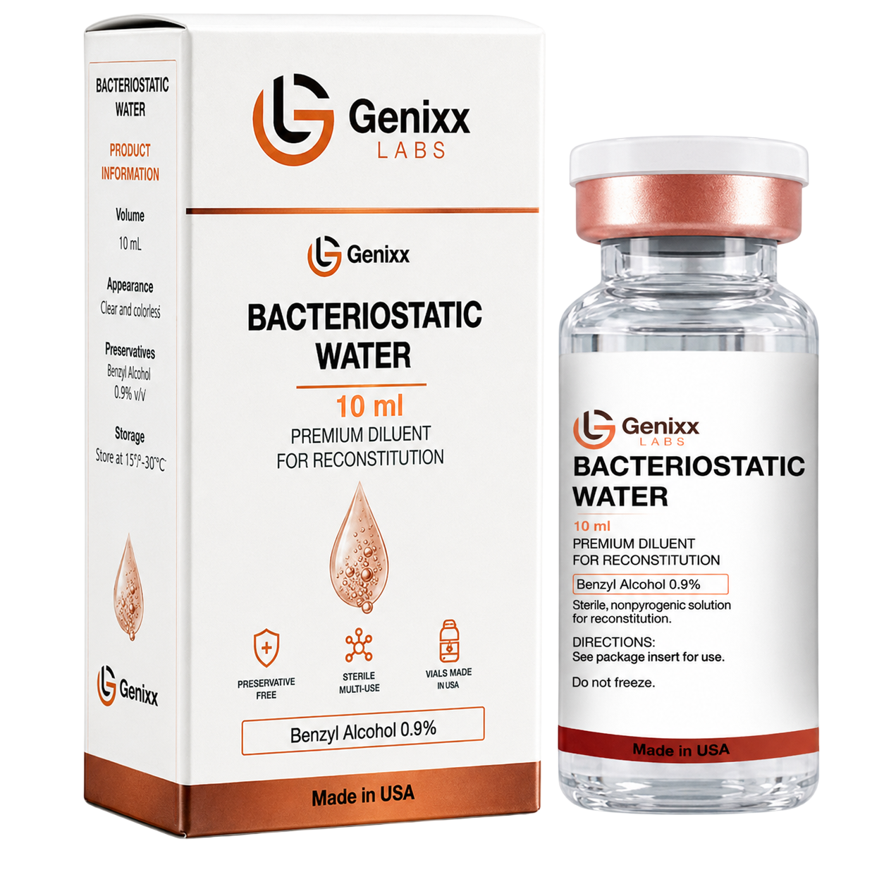 Genixx Labs Premium BAC Water 10 mL box and vial