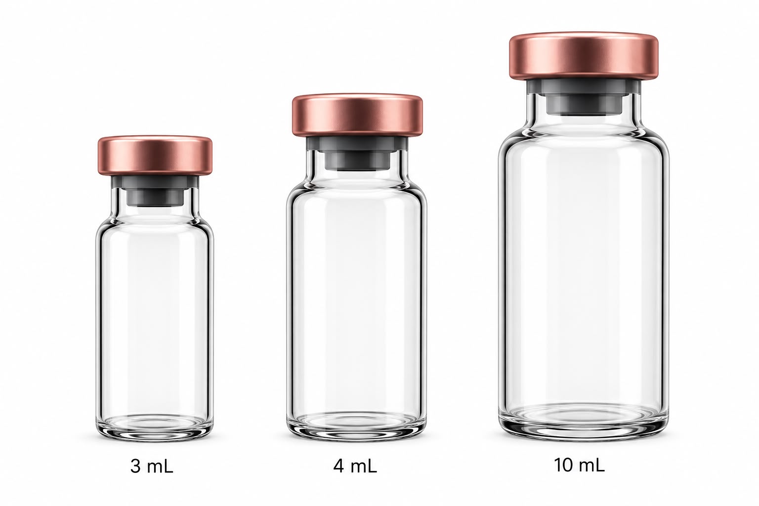Pharmaceutical glass vials in 3 mL, 4 mL and 10 mL sizes